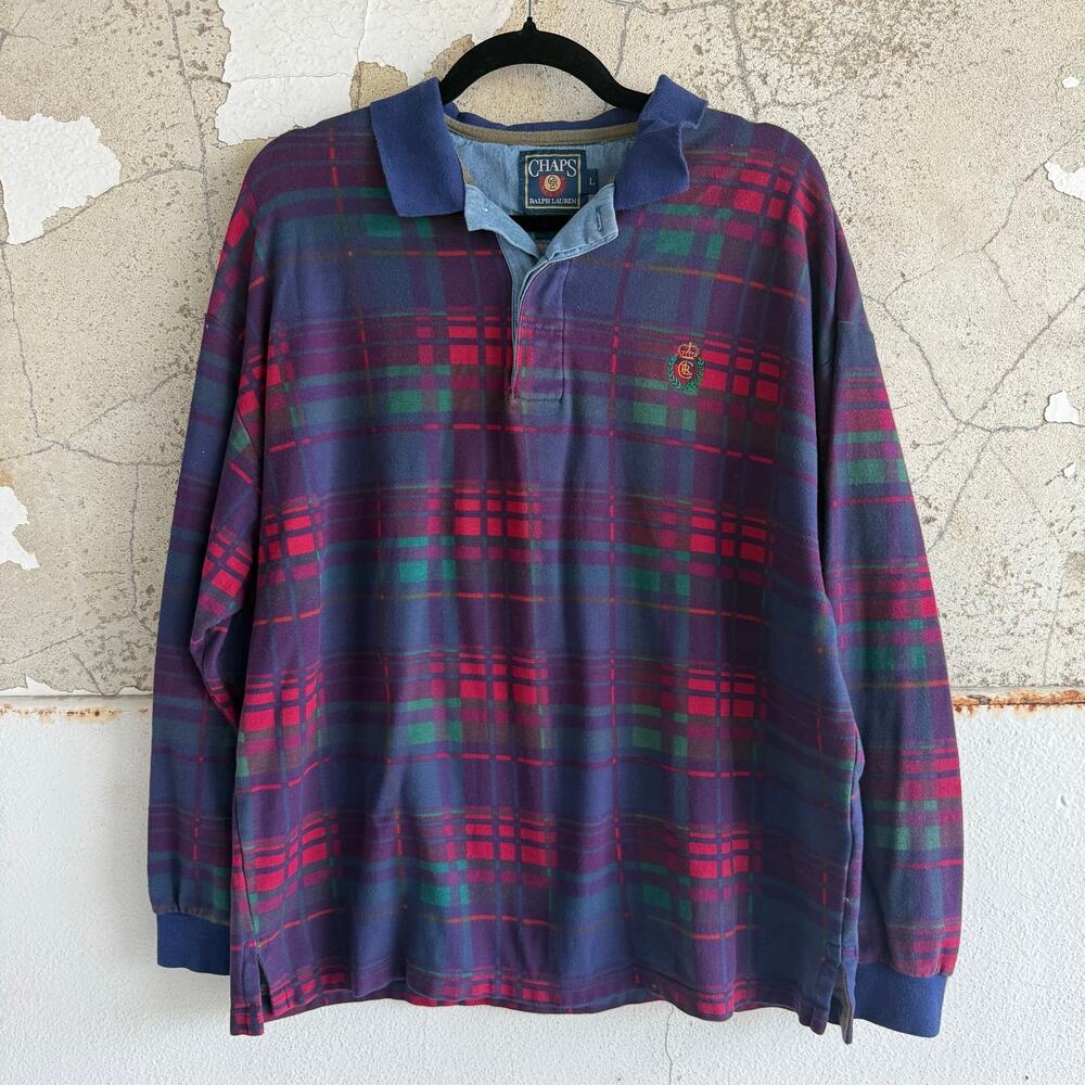 Ralph Lauren Chaps Plaid‎ Shirt Vintage 90s Long Sleeve Polo Mens L Preppy Retro